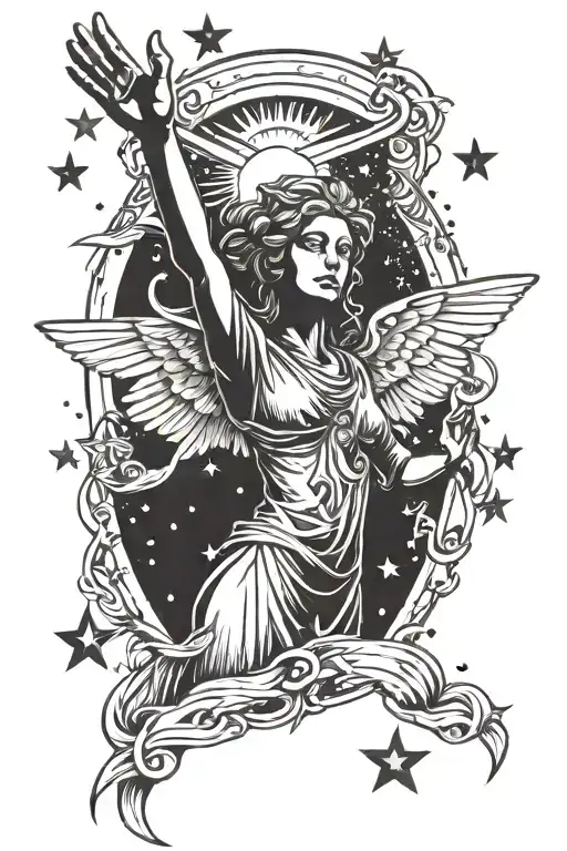 Angel With Hands Up And Stars Around