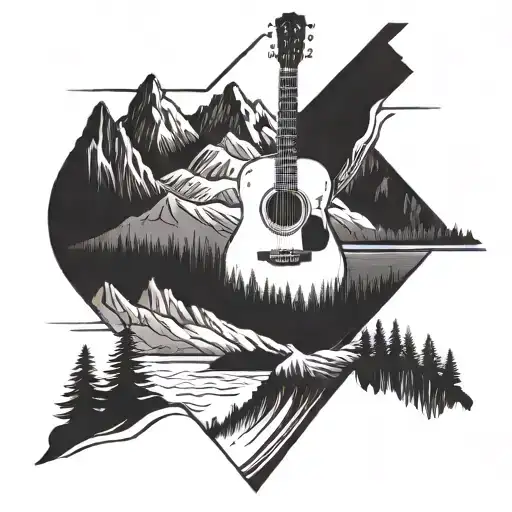 A Scenic Mountain Landscape With A Hidden Guitar Incorporated Into The Design