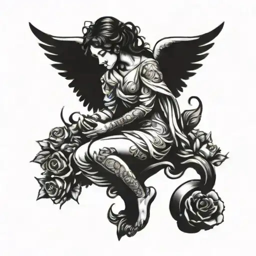 Beautiful Angel Kneeling Surrounded By Roses Intertwined