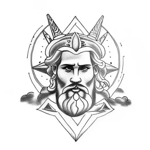 A Tattoo Design Featuring The Greek God Zeus Riding On A Cloud Chariot Through A Starry Night Sky