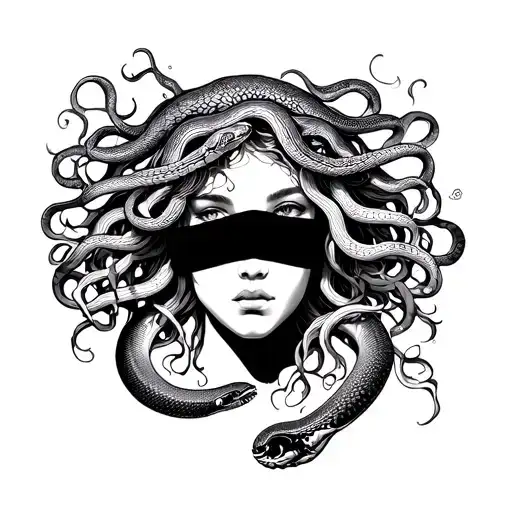 Medusa And Snakes Facing Forward Blindfolded Portrait