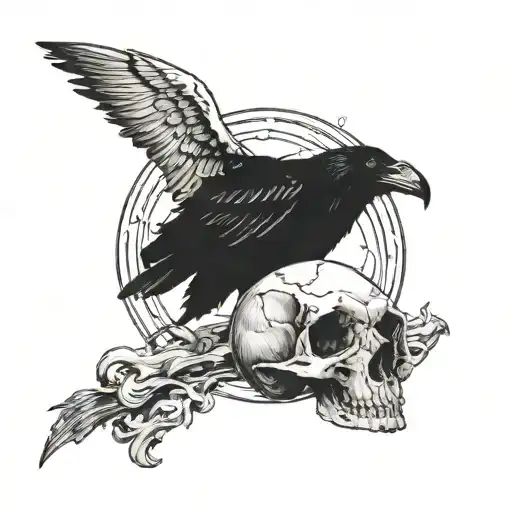 A Crow On A Goat Skull And Moon In Background