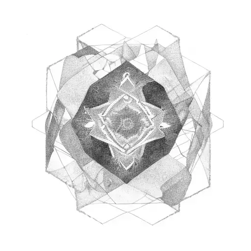 Abstract Painting Of A Hexagon-shaped Mandala Surrounded By Psychedelic Nature Elements