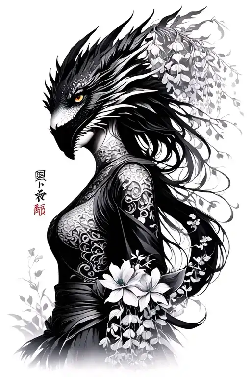 Wisteria Flowers Cascading Down Side Profile Female Ninja Warrior And Dragon