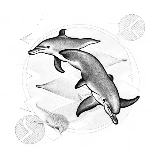 A Geometric Design Incorporating Dolphins And Puppies Playing On The Beach