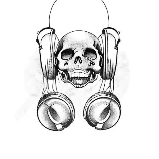 A Music Themed Memento Mori Design With A Black Cat Skull Wearing Headphones
