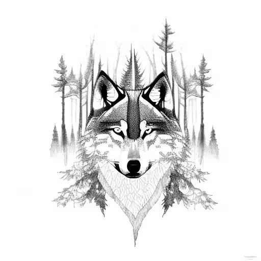 A Mystical Forest Scene With A Wolf Leading The Way Through The Trees