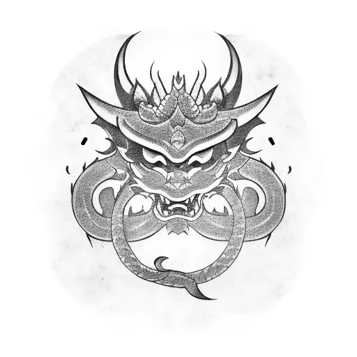 Oni Mask And Dragon With Japanese Temple