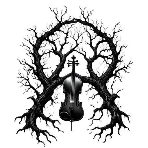 A Mystical Forest With Dancing Shadows And Hidden Violin Strings Intertwined With Tree Branches
