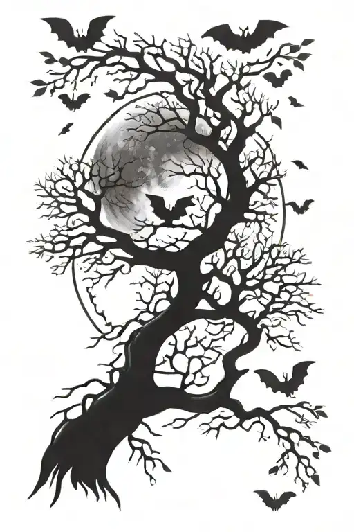 Posion Tree With A Moon And Bats Behind It
