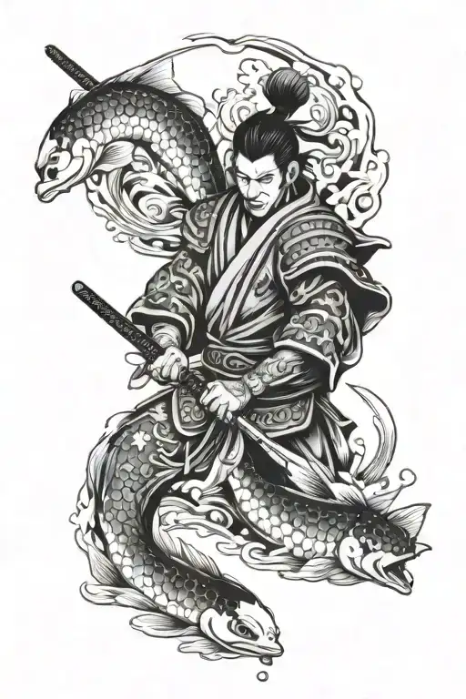 Samurai Warrior With Koi Fish Swimming Upstream