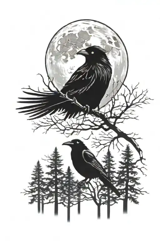 Raven Surrounded By Tall Trees And A Moon Above Those Trees In A Night Sky