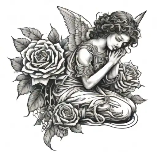 Angel Kneeling Surrounded By Roses Intertwined