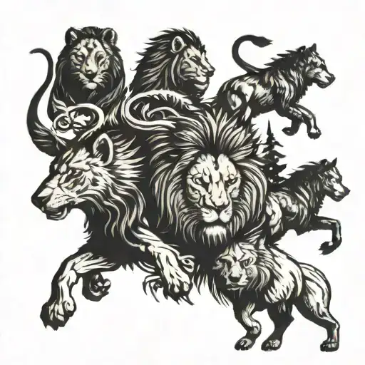 A Majestic Lion Leading A Pack Of Wolves Through A Dense Forest