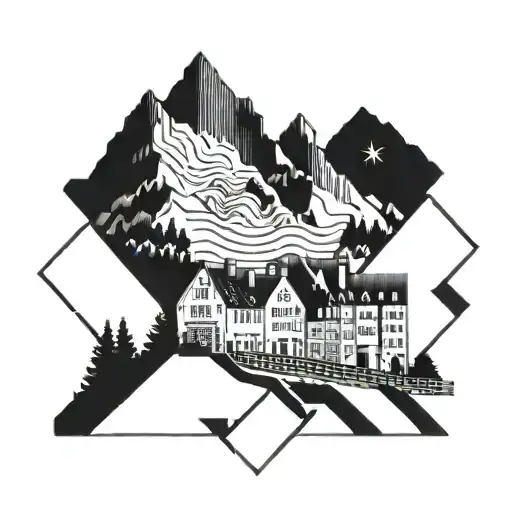 A Geometric Design Featuring The Skyline Of Monschau With A Fire Truck And Mountain Peaks