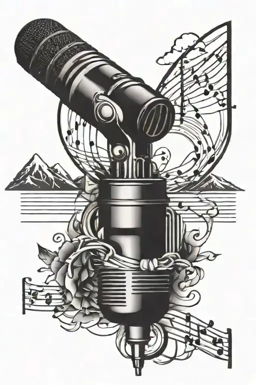 A Tattoo Of A Microphone Intertwined With Musical Notes And A Mountain Range In The Background