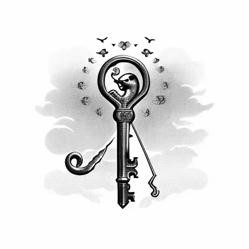 A Vintage Skeleton Key With Three Tiny Birds Perched On Top
