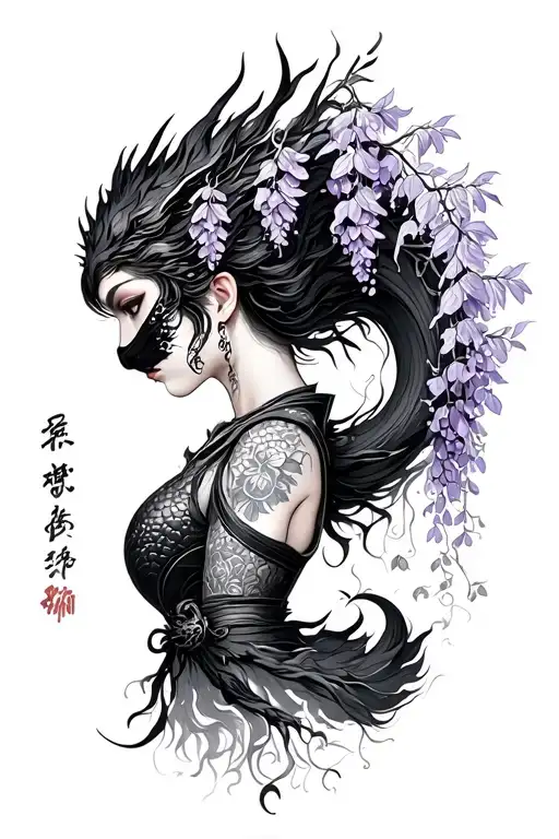 Wisteria Flowers Cascading Down Side Profile Female Ninja Warrior And Dragon