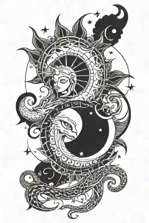 Show Me A Tattoo Of A Sun With Moon On The Side And A Snake Revolving Around The Moon