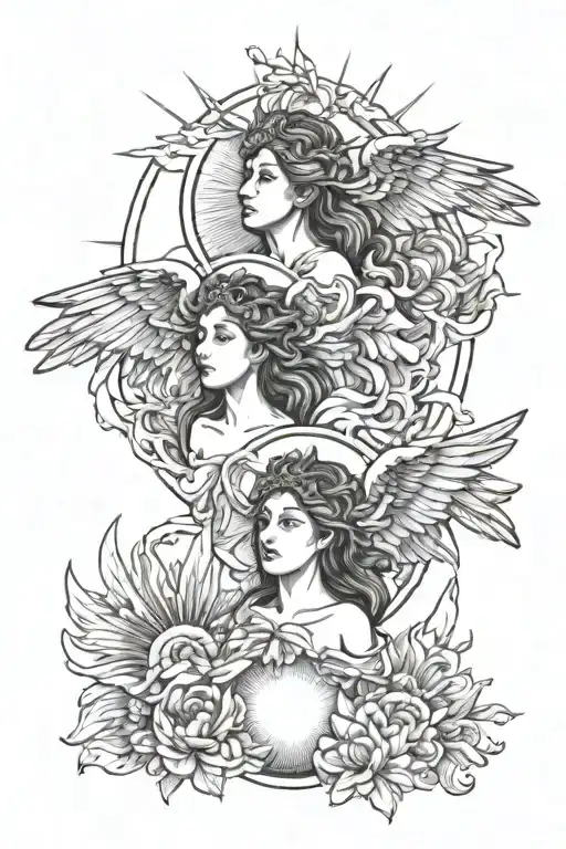 Sun With Two Angels With Black Wings And White Wings