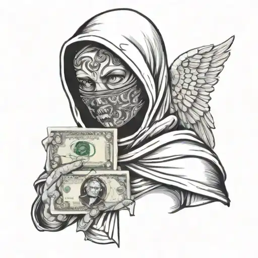 An Angel With A Balaclava On Holding A Thousand Dollars