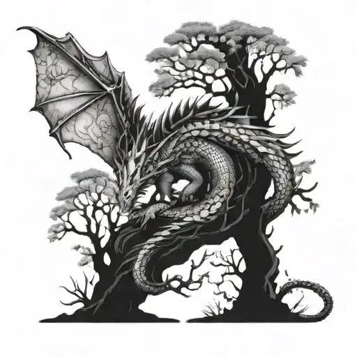 Fantasy Dragon Sleeping At Base Of Tree