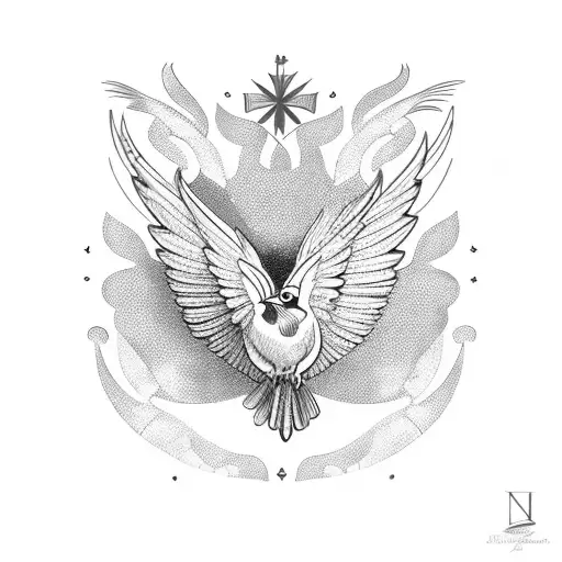 A Detailed Unalome Design Incorporating Elements Of A Cardinal Bird And A North Star