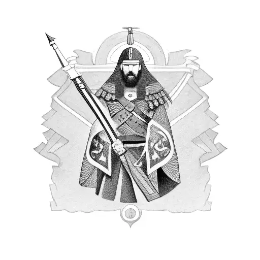 Georgian Warrior With A Symbolic Georgian Flag In The Background