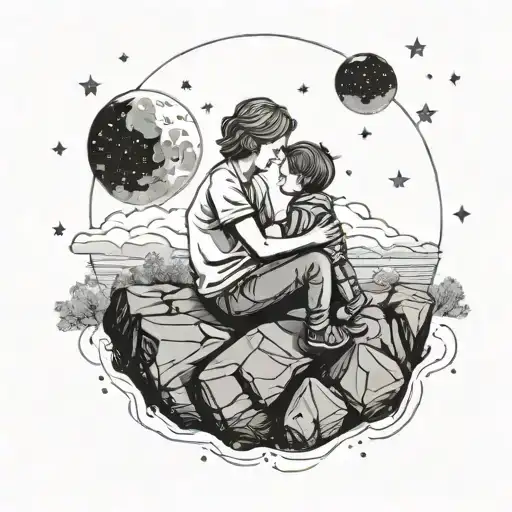 Boy Sitting With Mom On A Rock Looking At The Sky Filled With Stars