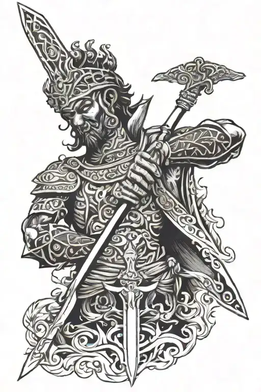 A God Holding Sword With A Deep Design