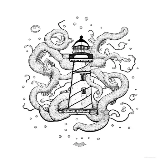 Lighthouse With Stormy Sea And A Giant Octopus