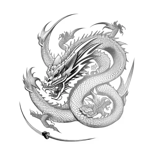 Dragon Wrapping Around A Katana