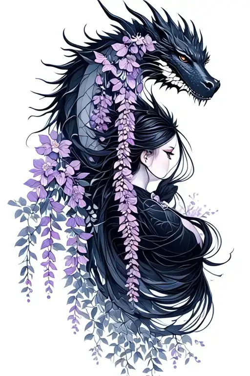 Wisteria Flowers Cascading Down Side Profile Female Ninja Warrior And Dragon