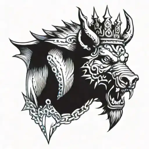 Angry Boar Head On Chained Armor Wearing A Crown With Blue Eyes