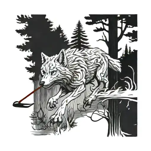 An Intricate Design Of A Wolf Running Through A Forest With Golf Clubs In Its Mouth