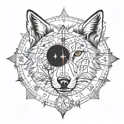 A Tatto With The Face Of A Wolf A Compass And A Clock Combined