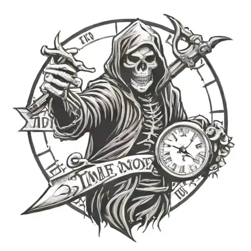 Words Saying Time Is Money With The Grim Reaper Holding His Synch