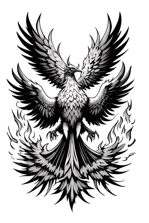 Symmetric Phoenix Bird Rising With Spread Wings And A Little Fire In The Back Ground