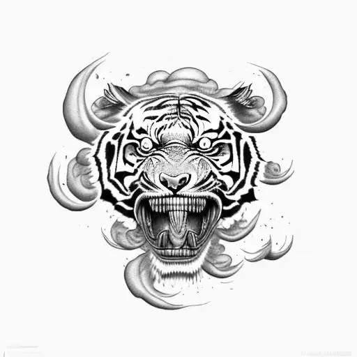A Tiger Emerging From A Cloud Of Smoke With A Skull In Its Jaws