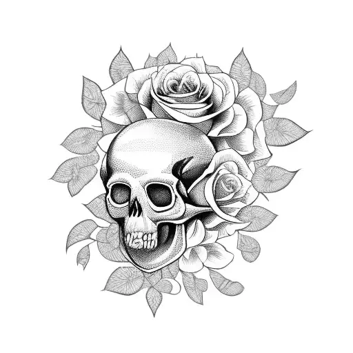 Feminine Skull With Roses Intertwined In The Eye Sockets And Vines Wrapping Around The Jawline