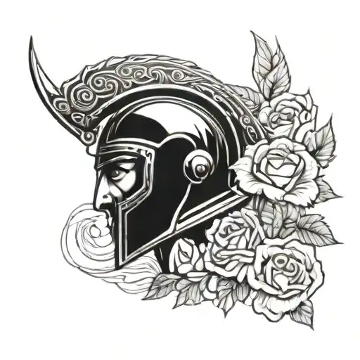 Spartan Warrior With Helmet Adorned With Roses Blooming