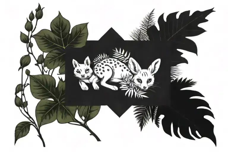 Realistic Rabbit And Fox In Monstera Leaves And Ferns