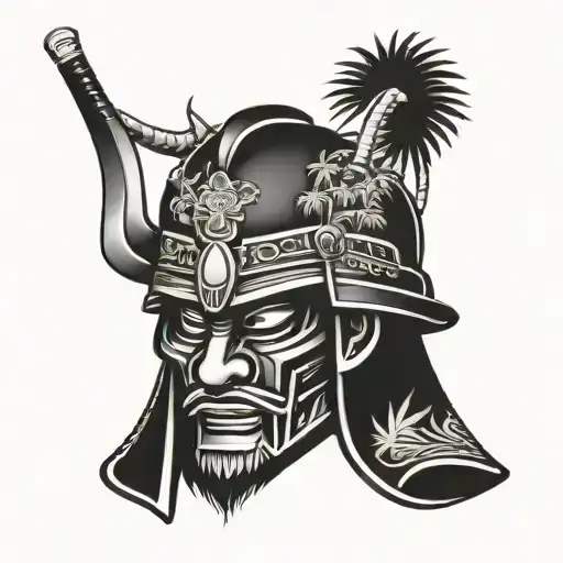 Samurai Head With Helmet With Palm Trees And Dice Rolling