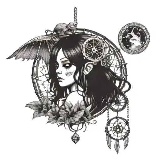 A Fairy In A Eyeball Holding A Mushroom All In A Dreamcatcher With Feathers