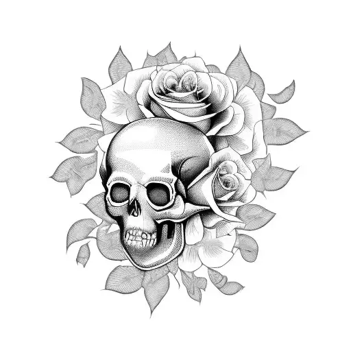 Feminine Skull With Roses Intertwined In The Eye Sockets And Vines Wrapping Around The Jawline