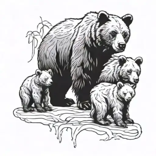 Bear With Three Cubs Playing