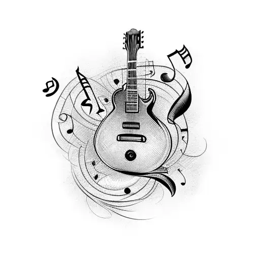 A Detailed Blackwork Tattoo Of A Guitar With Music Notes Swirling Around It