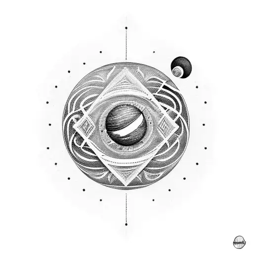 A Blackwork Design Of The Strings Of A Guitar And The Sound Hole Is The Planet Jupiter