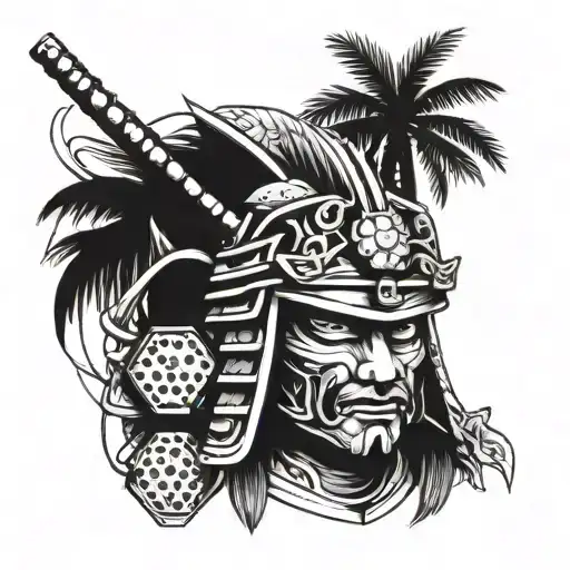 Samurai Head With Helmet With Palm Trees And Dice Intertwined