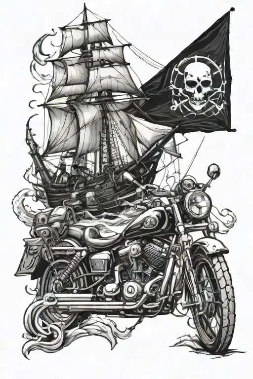 Ship And Skull And Motorcycle Design Combining Elements